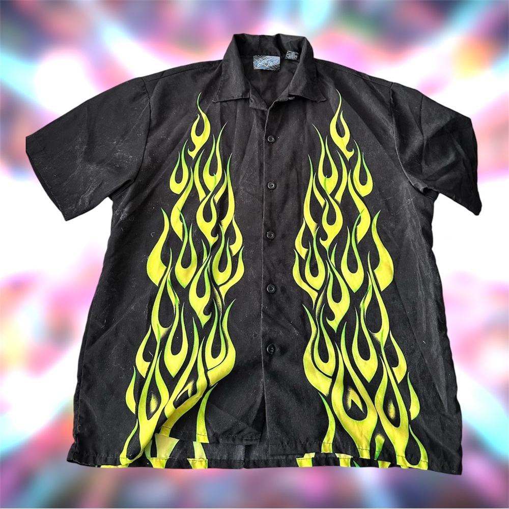 Vintage Sapphire Lounge Flame Shirt Men’s L Black Neon Green Y2K Skater Retro